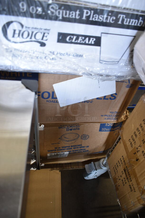 PALLET LOT of 20 BRAND NEW Boxes Including 130BKFSNSPH Visions Heavy Weight Black Wrapped Plastic Cutlery Pack with Napkin and Salt and Pepper Packets - 500/Case, 2 Box 347TCL9 Choice 9 oz. Clear Disposable Plastic Tumbler - 500/Case, 3 Box 50224336CL Lavex 12-16 Gallon 6 Micron 24" x 33" High Density Janitorial Can Liner / Trash Bag - 1000/Case, Blue Poly Dish Caddies, 245CPB10 PRINT Choice Kraft Corrugated Pizza Box, 2 Box 500L8B Choice 8 oz. Tall Black Hot Paper Cup Travel Lid - 1000/Case, 130WKFSNSPH Visions Individually Wrapped Heavy Weight White Plastic Cutlery Pack with Napkin and Salt and Pepper Packets - 500/Case, 50016W Choice 16 oz. White Poly Paper Hot Cup - 1000/Case, 50010W Choice 10 oz. White Poly Paper Hot Cup - 1000/Case, 395TO881 EcoChoice 8" x 8" x 3" Compostable Sugarcane / Bagasse 1 Compartment Take-Out Box - 200/Case, Eco-Products EP-ST772 7 3/4" Jumbo Green Renewable and Compostable Wrapped Straw - 9600/Case. 20 Times Your Bid! - Image 2 of 12