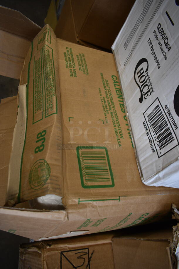 PALLET LOT of 20 BRAND NEW Boxes Including 164CUSHVYCN1 Lancaster Table & Seating Vineyard Series 1" Canvas Chair and Bar Stool Cushion with Ties, Dart 85HT3R 8" x 8" x 3" White Foam Three-Compartment Square Take Out Container with Perforated Hinged Lid - 200/Case, RNP32-162388 Pelicans Snoball Cups, 485WJ7RWH Choice 7 3/4" Jumbo White and Red Wrapped Straw - 12000/Case, Dart 12B32 12 oz. Insulated White Customizable Foam Container - 1000/Case, 245CPB20WHT White Corrugated Pizza Box. 20 Times Your Bid! - Image 7 of 12
