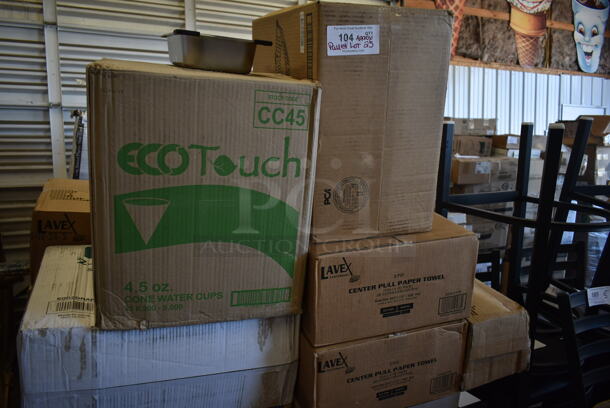 PALLET LOT of 25 BRAND NEW! Boxes Including CC45 EcoTouch 4.5 oz Cone Water Cups, 2 Box 5002CPTE Lavex 2-Ply White Center Pull Economy Paper Towel 510' Roll - 6/Case, 3 Box 500CFT Lavex White C-Fold Standard Weight Towel - 2400/Case, 129MCR24B ChoiceHD 8 oz. Microwavable Translucent Plastic Deli Container - 480/Case, 2 Box 129MCR32B Choice 32 oz. Black Round Microwavable Heavy Weight Container with Lid 7 1/4" - 150/Case, 3 Box 795PTOWHT2  Choice 7 3/4" x 5 1/2" x 2" White Microwavable Folded Paper #2 Take-Out Container - 200/Case, STI-2115 Heart Shape Container. 25 Times Your Bid! - Image 2 of 9
