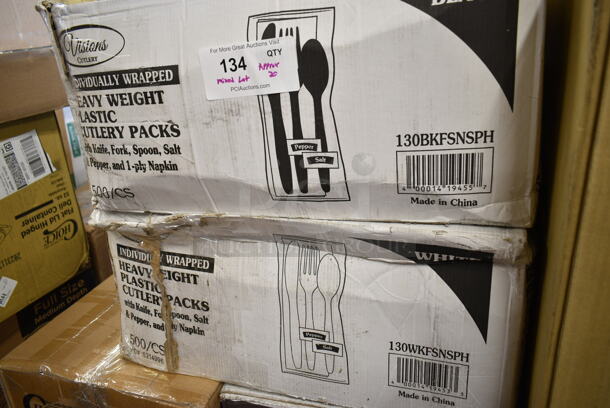 PALLET LOT of 20 BRAND NEW Boxes Including 130BKFSNSPH Visions Heavy Weight Black Wrapped Plastic Cutlery Pack with Napkin and Salt and Pepper Packets - 500/Case, 2 Box 347TCL9 Choice 9 oz. Clear Disposable Plastic Tumbler - 500/Case, 3 Box 50224336CL Lavex 12-16 Gallon 6 Micron 24" x 33" High Density Janitorial Can Liner / Trash Bag - 1000/Case, Blue Poly Dish Caddies, 245CPB10 PRINT Choice Kraft Corrugated Pizza Box, 2 Box 500L8B Choice 8 oz. Tall Black Hot Paper Cup Travel Lid - 1000/Case, 130WKFSNSPH Visions Individually Wrapped Heavy Weight White Plastic Cutlery Pack with Napkin and Salt and Pepper Packets - 500/Case, 50016W Choice 16 oz. White Poly Paper Hot Cup - 1000/Case, 50010W Choice 10 oz. White Poly Paper Hot Cup - 1000/Case, 395TO881 EcoChoice 8" x 8" x 3" Compostable Sugarcane / Bagasse 1 Compartment Take-Out Box - 200/Case, Eco-Products EP-ST772 7 3/4" Jumbo Green Renewable and Compostable Wrapped Straw - 9600/Case. 20 Times Your Bid! - Image 11 of 12