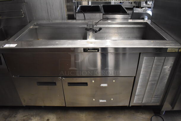 Delfield Stainless Steel Commercial Cold Pan Buffet Station w/ 2 Doors. 60x32x36. Tested and Powers On But Does Not Get Cold