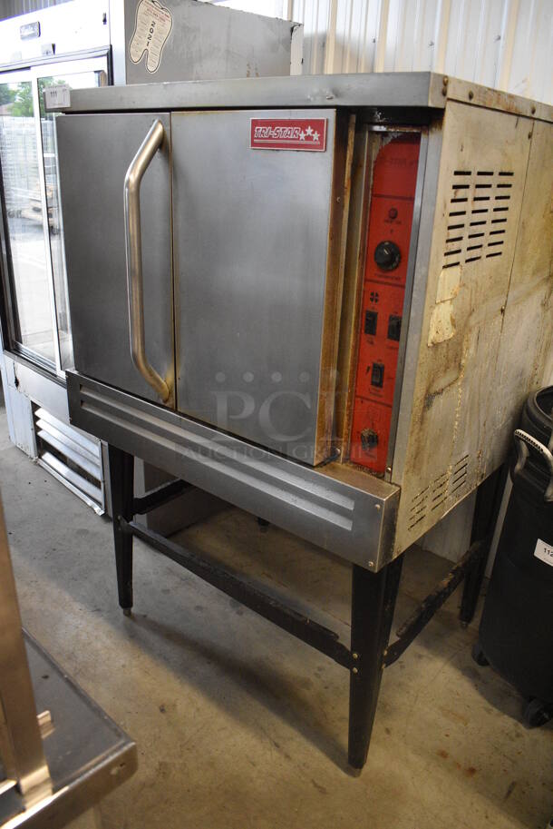 Tri-Star Stainless Steel Commercial Natural Gas Powered Full Size Convection Oven w/ Solid Doors, Metal Oven Racks and Thermostatic Controls on Metal Legs. 40x44x63