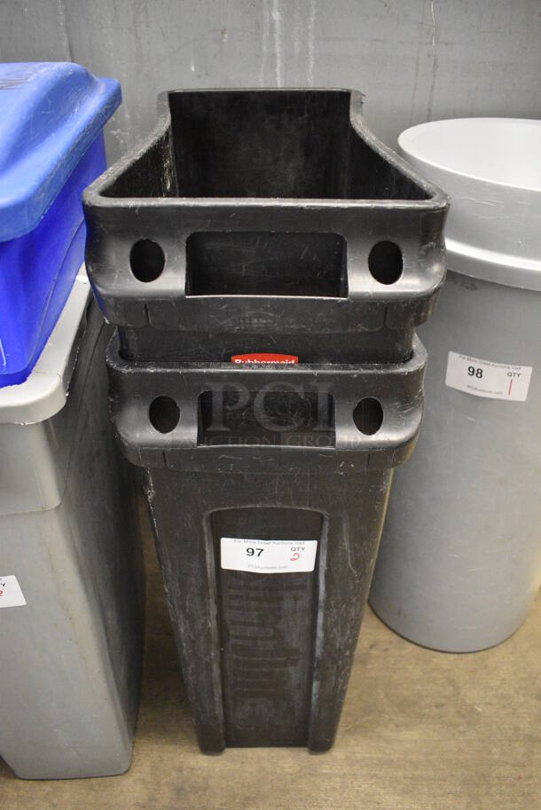 2 Rubbermaid Black Poly Slim Jim Trash Cans. 11x20x30. 2 Times Your Bid!