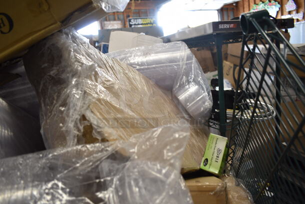 PALLET LOT of 20 BRAND NEW Boxes Including 433LSLCPIE Choice 5" Clear Hinged Slice Container with Low Dome Lid, Noble X Large Gloves, Dart C57PST1 ClearSeal Hinged Lid Plastic Container 6" x 5 13/16" x 3" - 500/Case, 6x6 Sandwich Trays, 127DM32COMBO Choice 32 oz. Ultra Clear Recycled PET Plastic Round Deli Container and Lid Combo - 250/Case, Steelton Utility Wire Shelf Kit, 245CCGR12BL Baker's Lane 12" White Corrugated Grease-Resistant Cake Circle - 100/Case. 20 Times Your Bid!  - Image 4 of 12