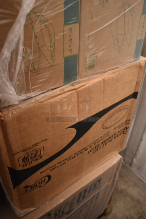 PALLET LOT of 24 BRAND NEW Boxes Including Vava01S1 9.0 Black Paris, 130GDFRK400C Visions 7 1/4" Classic Heavy Weight Gold Plastic Fork - 400/Case, 2 Box 795PTOKFT8 Choice Kraft Microwavable Folded Paper #8 Take-Out Container 6" x 4 5/8" x 2 1/2" - 300/Case, 2 Box 122MCS28B CHoice 28 oz Containers, 245CB12PLN Choice 12" x 12" x 2" Kraft Customizable Corrugated Plain Pizza Box - 50/Case, 500LFLAT Choice Clear Flat Lid with Straw Slot - 9, 12, 16, 20, and 24 oz. - 1000/Case, 2 Box 612605070HD Choice Full Size Heavy-Duty Foil Steam Table Pan Deep 3 3/8" Depth - 50/Case, 2 Box 500CC32P Choice Clear PET Plastic Cold Cup - 32 oz. - 500/Case, 2 Box 5002TPJPR1K Lavex Premium 2-Ply Jumbo 1000' Toilet Paper Roll with 9" Diameter - 12/Case, 3 Box 433472 Tellus Plates. 24 Times Your Bid!  - Image 7 of 12