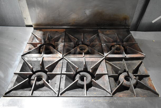 Vulcan Stainless Steel Commercial Natural Gas Powered 6 Burner Range w/ Convection Oven, Over Shelf and Back Splash on Commercial Casters.  - Image 3 of 6