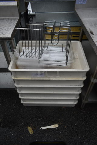 ALL ONE MONEY! Lot of 6 White Poly Dough Bins and 2 Metal Cutting Board Racks.