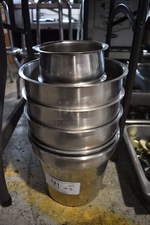 7 Stainless Steel Cylindrical Drop In Bins. 6x6x7.5, 9.5x9.5x8. 7 Times Your Bid!