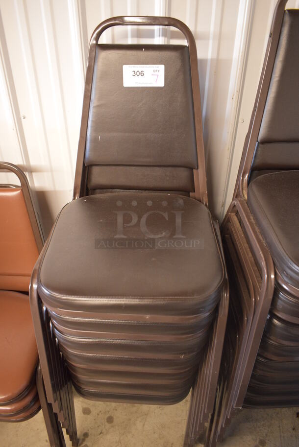 7 Brown Metal Stackable Banquet Chairs w/ Seat Cushions. 18x21x33. 7 Times Your Bid!
