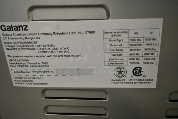 BRAND NEW SCRATCH AND DENT! 2023 Galanz GL1FR24ASSAGN Stainless Steel Natural Gas Powered 4 Burner Range w/ Oven. - Image 6 of 6