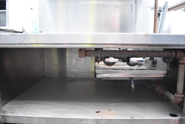 American Range Stainless Steel Commercial Gas Powered 2 Burner Rage in Counter w/ Cheese Melter and 2 Under Shelves. - Image 2 of 4