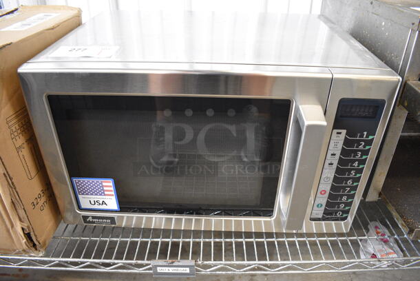 BRAND NEW SCRATCH AND DENT! 2022 Amana Model RCS10TS Stainless Steel Commercial Countertop Microwave Oven. Door Has Damage - See Pictures. 120 Volts, 1 Phase. 22x16x13.5