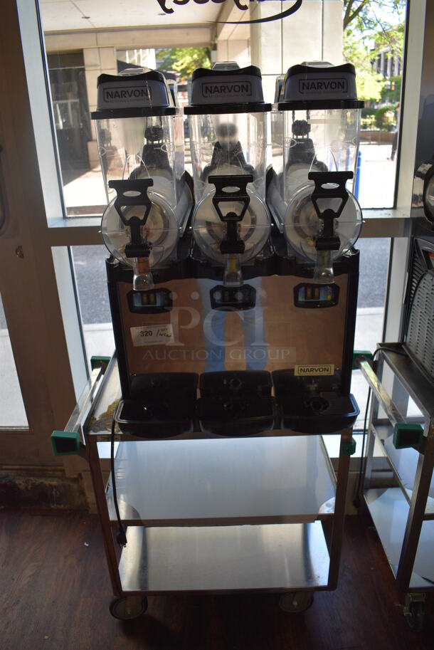 Narvon OASIS 3-10 Stainless Steel Commercial Countertop 3 Hopper Slushie Machine on Stainless Steel 3 Tier Cart. 23x21x33, 19x31x31. Item Was in Working Condition on Last Day of Business. (lounge) - Image 1 of 6