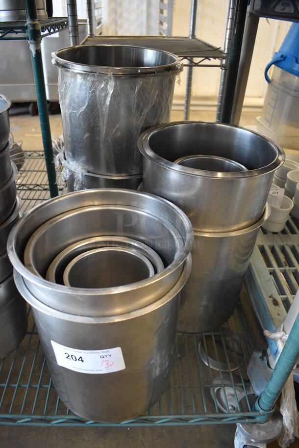 13 Various Stainless Steel Cylindrical Drop In Bins. Includes 10x10x11. 13 Times Your Bid!