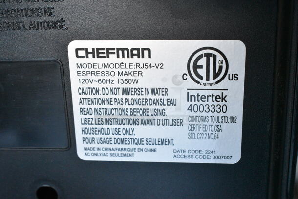 BRAND NEW SCRATCH AND DENT! Chefman RJ54-V2RJ54-V2 Countertop Espresso Machine. 120 Volts, 1 Phase.  - Image 9 of 9