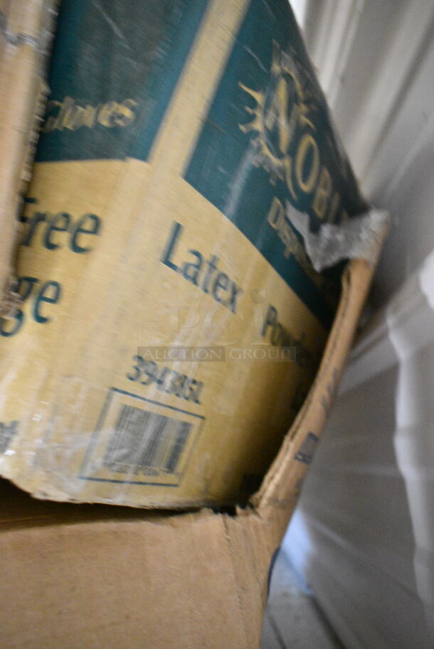 PALLET LOT of 30 BRAND NEW Boxes Including 4 Box 347RPBD6WHGD Visions 6" White Plastic Plate with Gold Bands - 150/Case, 2 Box 129MCR24B Choice 24 oz. Black Round Microwavable Heavy Weight Container with Lid 7 1/4" - 150/Case, Carnival King 32 oz Popcorn Cups, 130HFWH1M Visions White Heavy Weight Plastic Fork - Case of 1000, 129MCR24B Choice 24 oz. Black Round Microwavable Heavy Weight Container with Lid 7 1/4" - 150/Case, 394EN503L Noble Products Powder-Free Disposable Blue Exam Grade Nitrile 4 Mil Thick Textured Gloves - Large - 1000/Case, 394385L Noble Products White Powder-Free Disposable Latex Gloves for Foodservice - Large - 1000/Case, Choice 8 oz Deli Container, 3 Box 34385L Noble Large Gloves, 24 oz Clear Hinged Deli Container, 128HD8COMBO ChoiceHD 8 oz. Microwavable Translucent Plastic Deli Container and Lid Combo Pack - 240/Case, 129MCR24B Choice 24 oz. Black Round Microwavable Heavy Weight Container with Lid 7 1/4" - 150/Case, 553SLB129 Acopa Weave 9" x 6" Oval Natural Woven Plastic Rattan Basket - 12/Case, Dixie 10" Plates. 30 Times Your Bid! - Image 10 of 12
