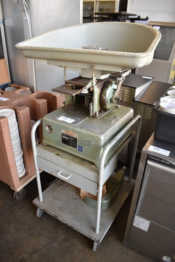 Hollymatic Super Model 54 Metal Commercial Countertop Patty Making & Forming Machine w/ Tray on Metal Commercial Portable Cart. 32x30x56. Tested and Powers On But Parts Do Not Move - Image 2 of 8