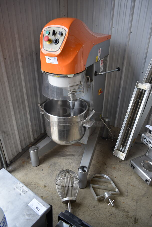 BRAND NEW! 2016 Sabitech MIPL40STR Metal Commercial Floor Style 30 Quart Planetary Dough Mixer w/ Stainless Steel Mixing Bowl, Bowl Guard, Dough Hook, Paddle and Whisk Attachments. 220 Volts, 3 Phase. - Item #1075241