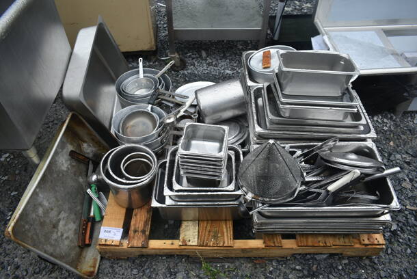 ALL ONE MONEY! PALLET LOT of Various Items Including Stainless Steel Items Drop In Bins and Metal Sauce Pans