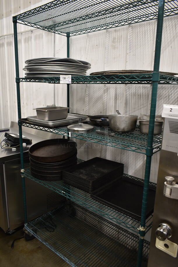 ALL ONE MONEY! Lot of 3 Tiers of Various Items Including Metal Baking Pans, Sauce Pan and Skillet. Does Not Include Shelving Unit. - Image 1 of 4