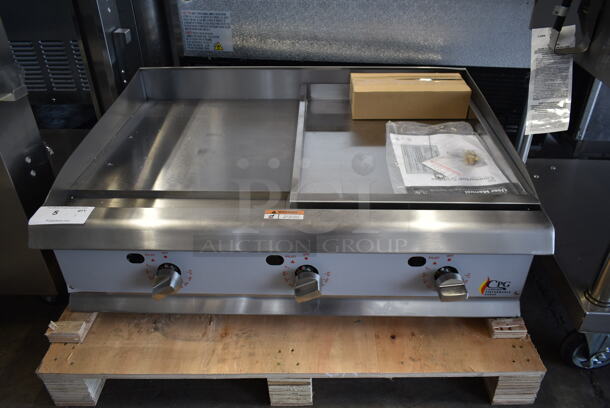 BRAND NEW SCRATCH AND DENT! 2022 Cooking Performance Group CPG 351GTCPG36NL Stainless Steel Commercial Countertop Natural Gas Powered Flat Top Griddle. 90,000 BTU. Tested and Working!