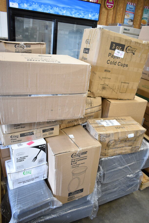 PALLET LOT of 20 BRAND NEW Boxes Including 02122 Marque Napkins, Choice 32 oz Deli Container and Lid, 2 Box Choice Window Sandwich Bakery Bag, 2 Box 433NHT004 Choice Large Size White Plastic T-Shirt, Visoins Black 5" Tasting Forks, 128HD32COMBO ChoiceHD 32 oz. Microwavable Translucent Plastic Deli Container and Lid Combo Pack - 240/Case, 9CPWF Dart White 3 Compartment Famous Service, 760PCC03W Choice White Poly Paper Cold Cup, 5004DNAPWH Choice White Linen-Feel, 500CC20 Choice Clear Plastic Cold Cup, Dart 16RCL Optima White Travel Lid with Reclosable Tab - 1000/Case. 20 Times Your Bid! - Image 1 of 12
