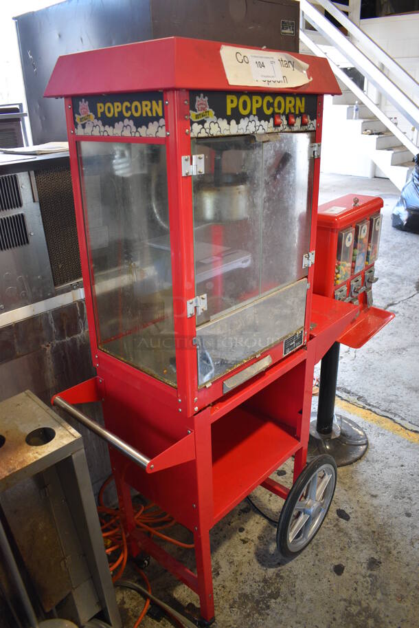 Carnival King Model 382PM30R Metal Commercial Floor Style Popcorn Machine Merchandiser on 2 Casters. 120 Volts, 1 Phase. 37x18x62. Tested and Working!