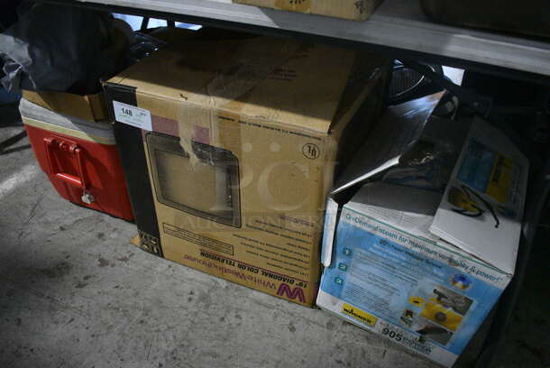ALL ONE MONEY! Lot of Red Poly Portable Cooler, White Westinghouse Television and Wagner Power Steamer!