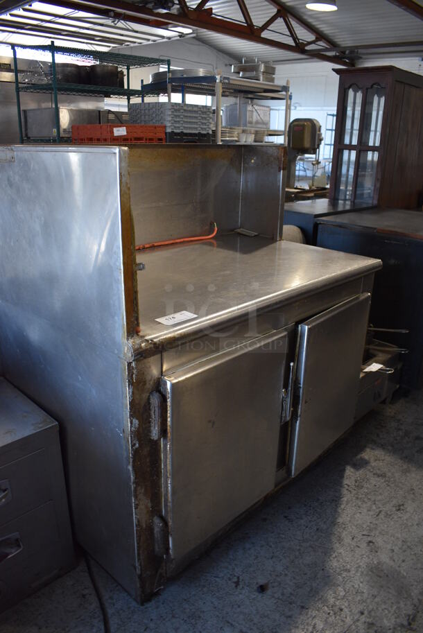 Stainless Steel Commercial 2 Door Work Top Cooler w/ Left Side and Back Splash. Does Not Have Compressor. 48x31x53 