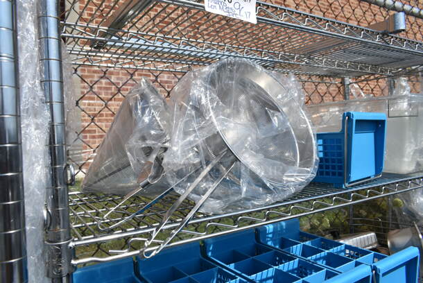 Chrome Finish 5 Tier Shelving Unit w/ Contents Including Blue Silverware Caddies, China Cap Strainers. BUYER MUST DISMANTLE. PCI CANNOT DISMANTLE FOR SHIPPING. PLEASE CONSIDER FREIGHT CHARGES.  - Image 3 of 12
