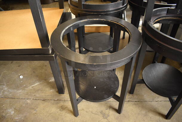 2 Black Wood Pattern Round End Table w/ Under Shelf. Does Not Have Glass Countertop Pane. Stock Picture - Cosmetic Condition May Vary. 21.5x21.5x25. 2 Times Your Bid!