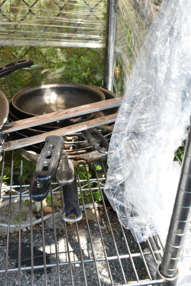 Chrome Finish 4 Tier Shelving Unit w/ Contents Including Stainless Steel Drop In Bins, Colander, Stock Pots. BUYER MUST DISMANTLE. PCI CANNOT DISMANTLE FOR SHIPPING. PLEASE CONSIDER FREIGHT CHARGES.  - Image 8 of 11