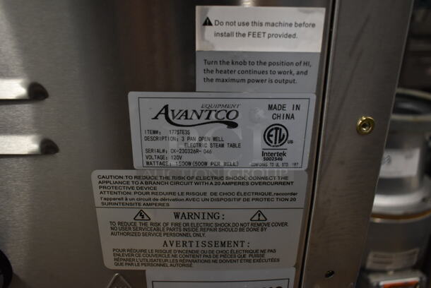 BRAND NEW SCRATCH AND DENT! 2023 Avantco 177STE3S Stainless Steel Commercial Electric Powered 3 Bay Steam Table w/ Under Shelf. 120 Volts, 1 Phase. Tested and Working! - Image 5 of 5