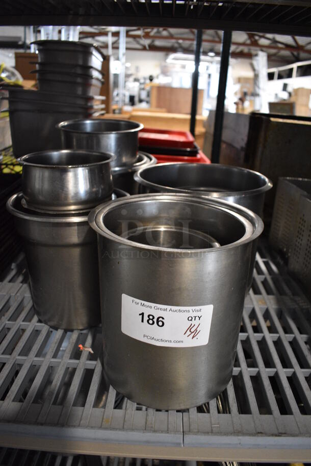 14 Various Stainless Steel Cylindrical Drop In Bins. Includes 8x8x9. 14 Times Your Bid!