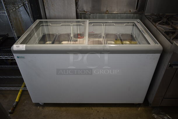 BRAND NEW SCRATCH AND DENT! HB-14HCD Metal Commercial Chest Freezer Merchandiser w/ Poly Basket and Stainless Steel Drop In Bins on Commercial Casters. 115 Volts, 1 Phase. Tested and Working! - Image 1 of 6