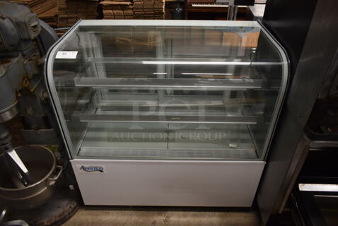 Avantco 193BC48HCW Metal Floor Style Curved Glass White Refrigerated Bakery Display Case. 110-120 Volts, 1 Phase. Cannot Test Due To Cut Power Cord
