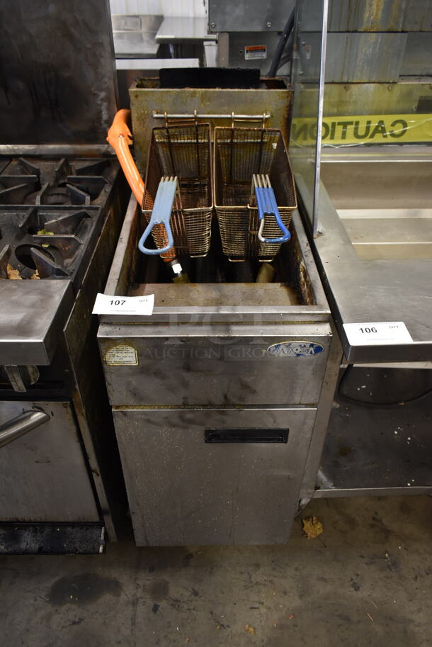 Atosa Stainless Steel Commercial Floor Style Natural Gas Powered Deep Fat Fryer w/ 2 Metal Fry Baskets on Commercial Casters.