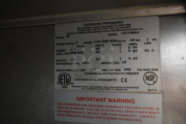 Continental 3F Stainless Steel Commercial 3 Door Reach In Freezer on Commercial Casters. 115/208-230 Volts, 1 Phase.  - Image 7 of 8