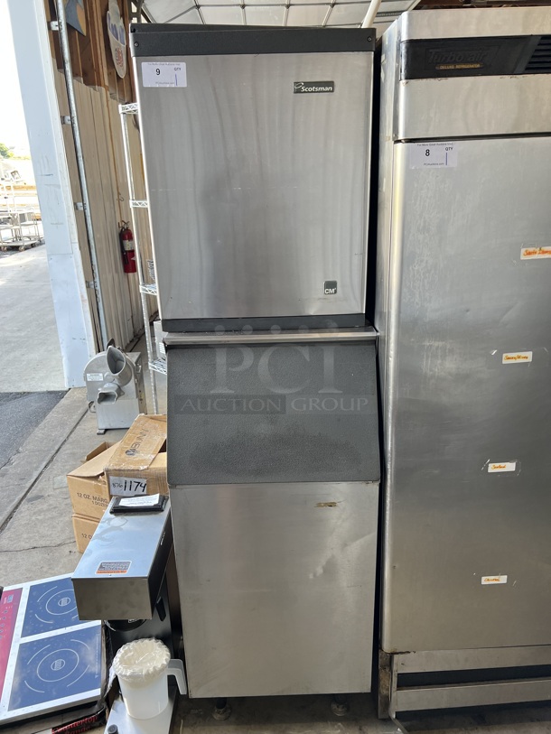 Scotsman Model CME306AS-1C Stainless Steel Commercial Ice Machine Head on Scotsman Model BH360S Stainless Steel Commercial Ice Bin. 115 Volts, 1 Phase. 22x32x79