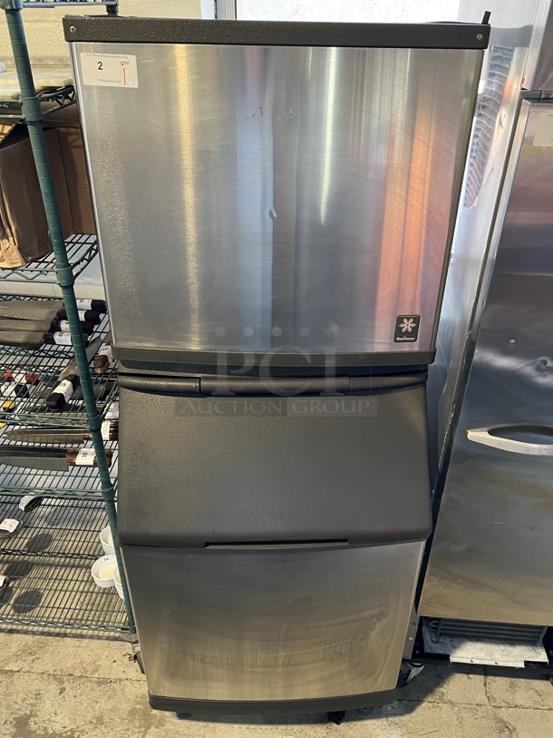 Manitowoc Model QY0805W Stainless Steel Commercial Ice Machine Head on Stainless Steel Commercial Ice Bin. 208-230 Volts, 1 Phase. 30x33x78