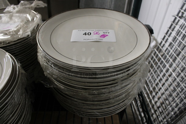 26 White Ceramic Plates w/ Silver Colored Lines on Rim. 10.5x10.5x1. 26 Times Your Bid!