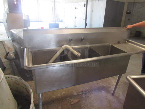 One 3 Compartment Sink With Right Side Drain Tbale. No Faucet. 72X26X45. Sink 18X18X14 - Image 1 of 3