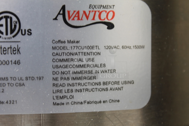 BRAND NEW IN BOX! Avantco 177CU100ETL Stainless Steel Commercial Countertop Coffee Urn. 120 Volts, 1 Phase. - Image 5 of 5