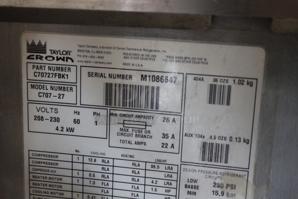 2010 Taylor C707-27 Stainless Steel Commercial Countertop Air Cooled Single Flavor Frozen Beverage Machine w/ Drink Mixer Attachment. 208-230 Volts, 1 Phase. - Image 7 of 8