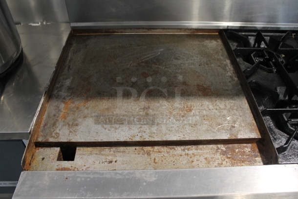 Dynamic Cooking Systems DCS 60-24G6-2N Stainless Steel Commercial Natural Gas Powered 6 Burner Range w/ Left Side Flat Top Griddle, 2 Ovens, Over Shelf and Back Splash on Commercial Casters. - Image 4 of 11