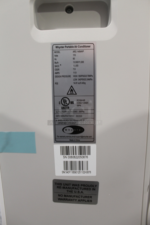 BRAND NEW SCRATCH AND DENT! Whynter ARC-148MS 14,000 BTU Portable Air Conditioner Dehumidifier Fan. 115 Volts, 1 Phase. Tested and Working! - Image 3 of 3