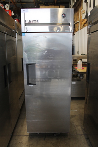 2013 True TG1R-1S ENERGY STAR Stainless Steel Commercial Single Door Reach In Cooler w/ Poly Coated Rack on Commercial Casters. 115 Volts, 1 Phase. Tested and Working!