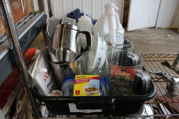 ALL ONE MONEY! Lot of Various Items Including Poly Pitchers, Poly Containers, Ceramic Bowl and Syrup Jug in Black Bus Bin!