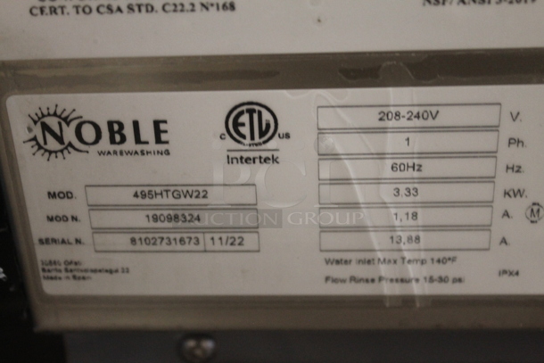 BRAND NEW SCRATCH AND DENT! 2022 Noble 495HTGW22 Stainless Steel Commercial Undercounter Glass Washer. 208-240 Volts, 1 Phase.
 - Image 6 of 6