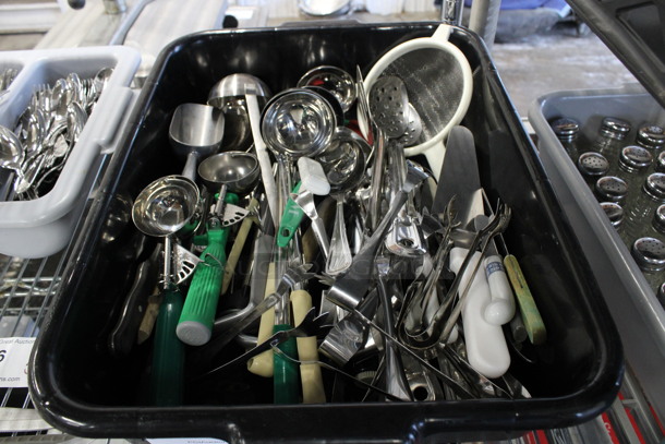 ALL ONE MONEY! Lot of Various Metal Utensils Including Ladles, Scoopers and Lifters in Black Poly Bus Bin!